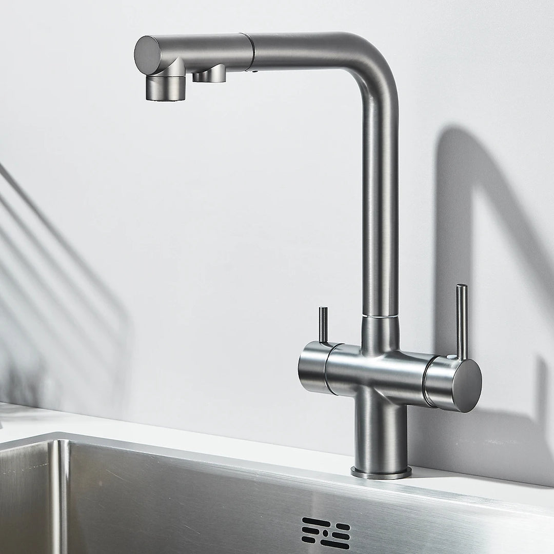 Saigon-Filter Kitchen Faucet Dual Handles Deck Mounted Pull Out Mixer Tap 360 Degree Rotation Water Purification Crane