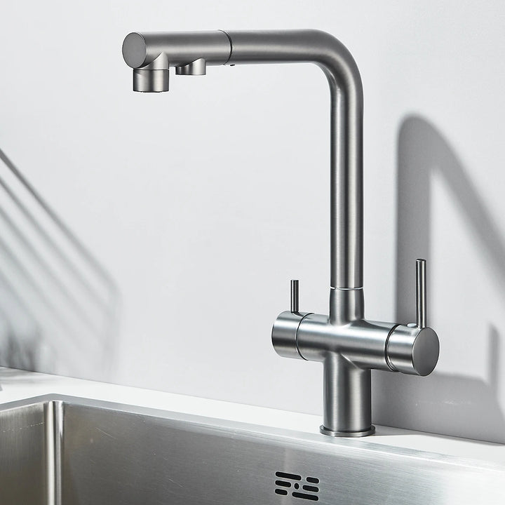 Saigon-Filter Kitchen Faucet Dual Handles Deck Mounted Pull Out Mixer Tap 360 Degree Rotation Water Purification Crane