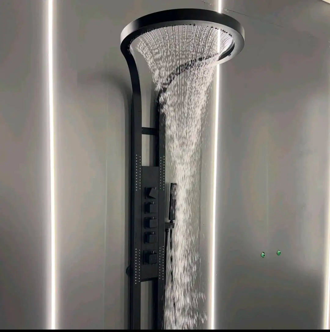 KING-Waterfall Black OUTDOOR-INDOOR Steel  Wall Mounted Multifunction Bathroom Waterfall Rainfall Shower Head Set System Panel