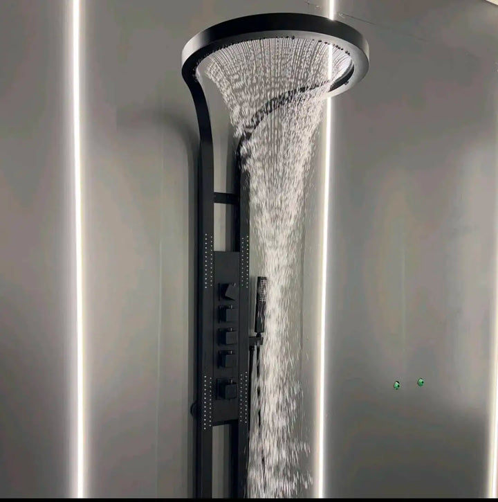 KING-Waterfall Black OUTDOOR-INDOOR Steel  Wall Mounted Multifunction Bathroom Waterfall Rainfall Shower Head Set System Panel