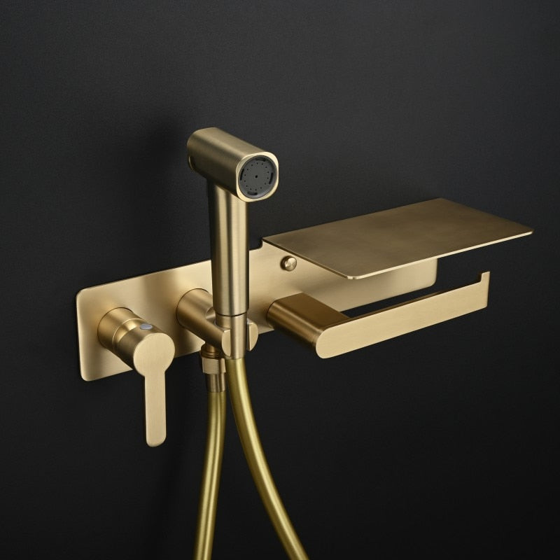 2-1 Wall Mounted Bidet hand Held Sprayer hot and cold mixer with toilet Iphone paper holder