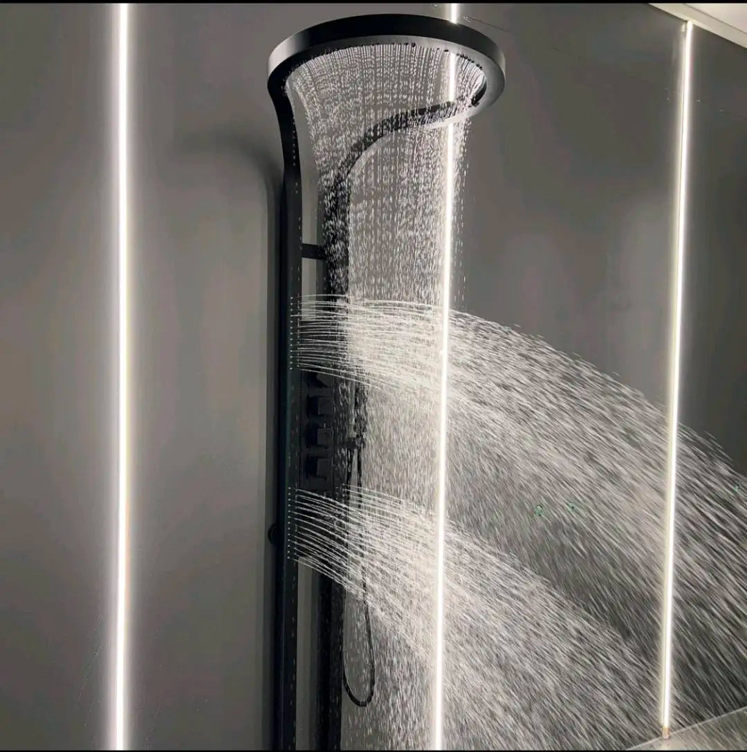 KING-Waterfall Black OUTDOOR-INDOOR Steel  Wall Mounted Multifunction Bathroom Waterfall Rainfall Shower Head Set System Panel