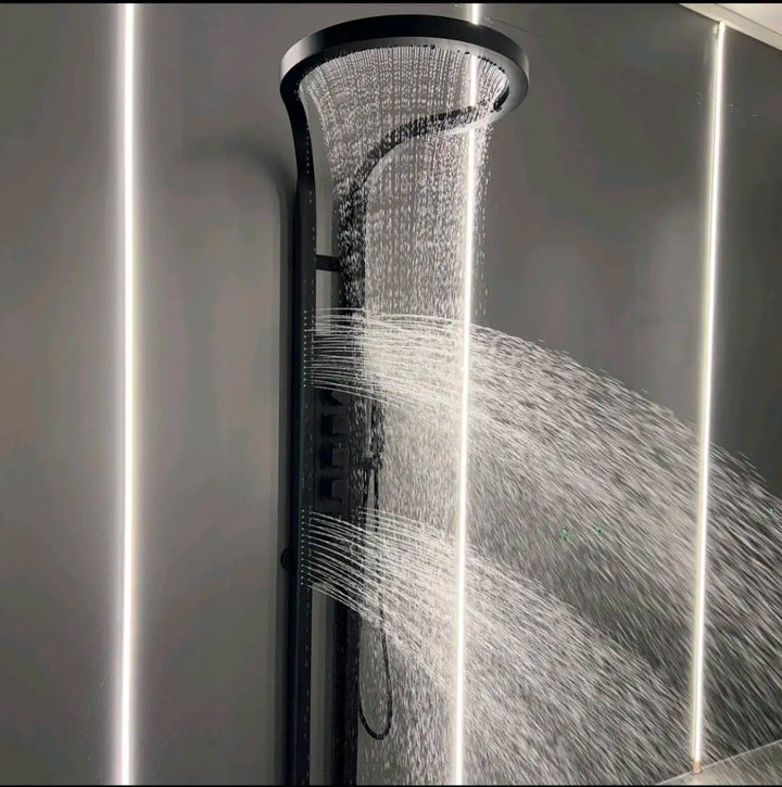 KING-Waterfall Black OUTDOOR-INDOOR Steel  Wall Mounted Multifunction Bathroom Waterfall Rainfall Shower Head Set System Panel