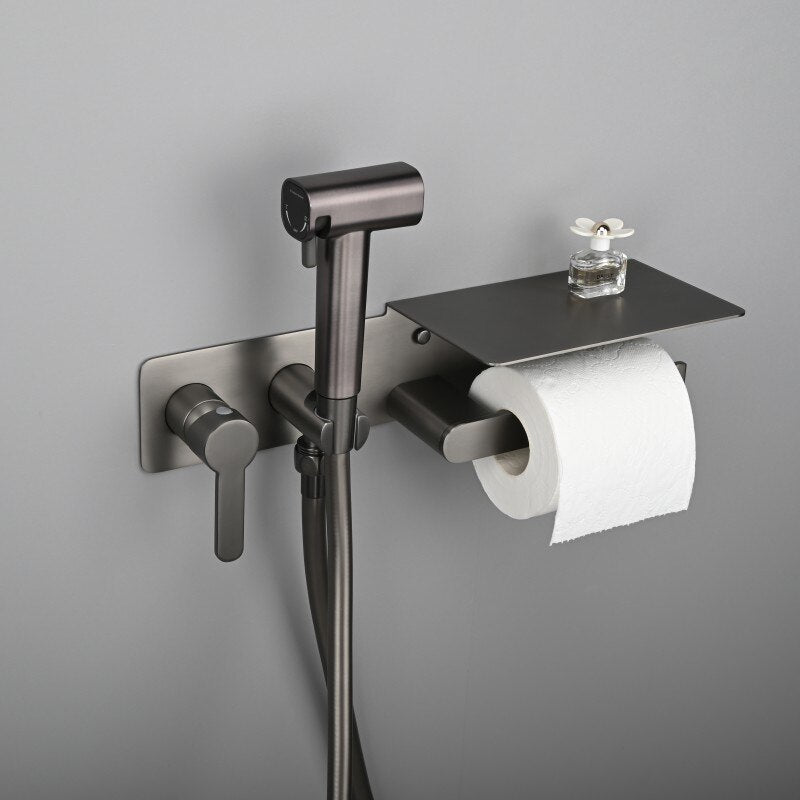 2-1 Wall Mounted Bidet hand Held Sprayer hot and cold mixer with toilet Iphone paper holder