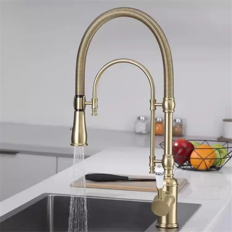Brushed Gold Victorian Kitchen Faucet with porcelain handle – sanicanada
