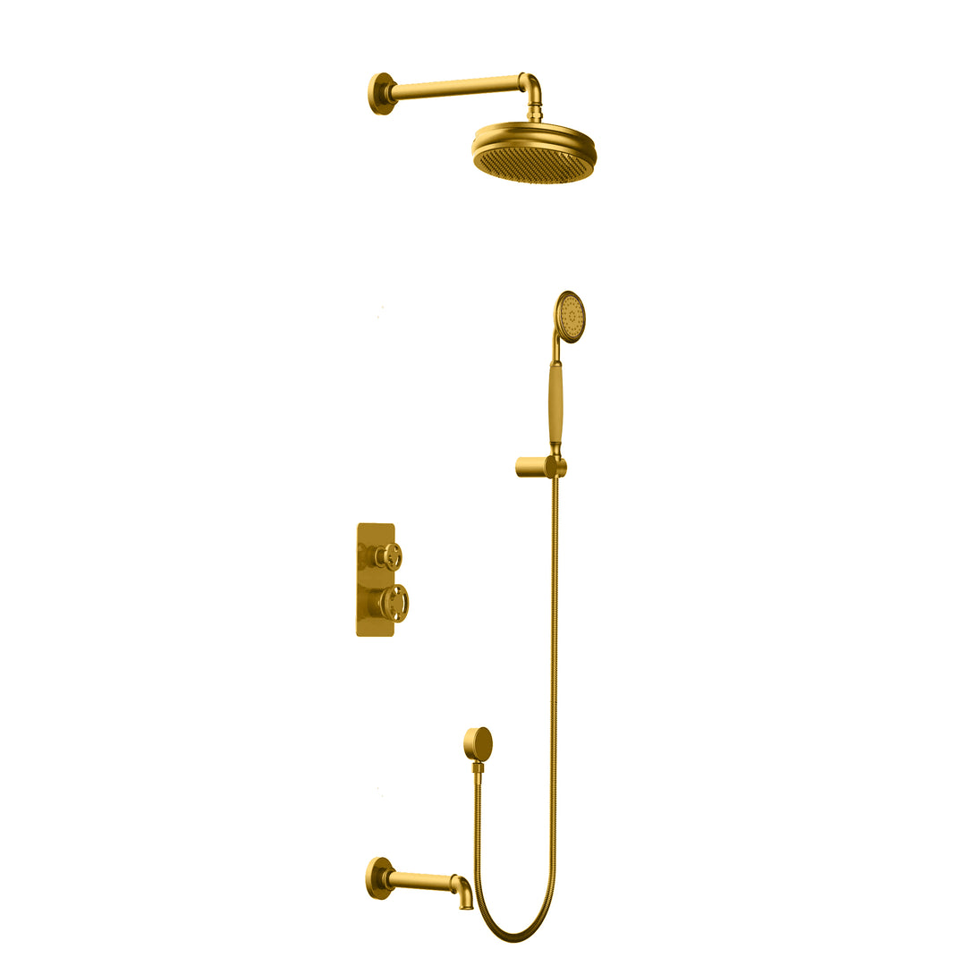 Gold polished brass Victorian Industrial Style 2 and 3 Way Function Shower with tub filler completed Kit