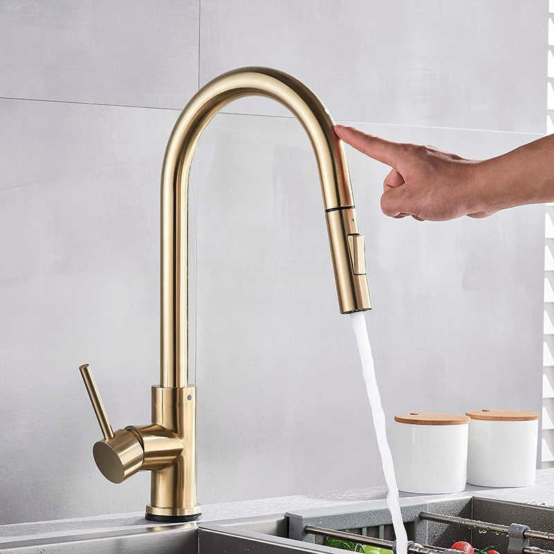 Brushed Gold Touchless Pull Out Dual Sprayer Kitchen Faucet sanicanada