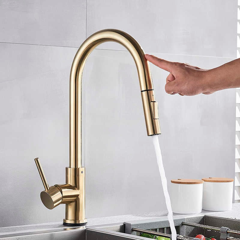 Brushed Gold Touchless Pull Out Dual Sprayer Kitchen Faucet