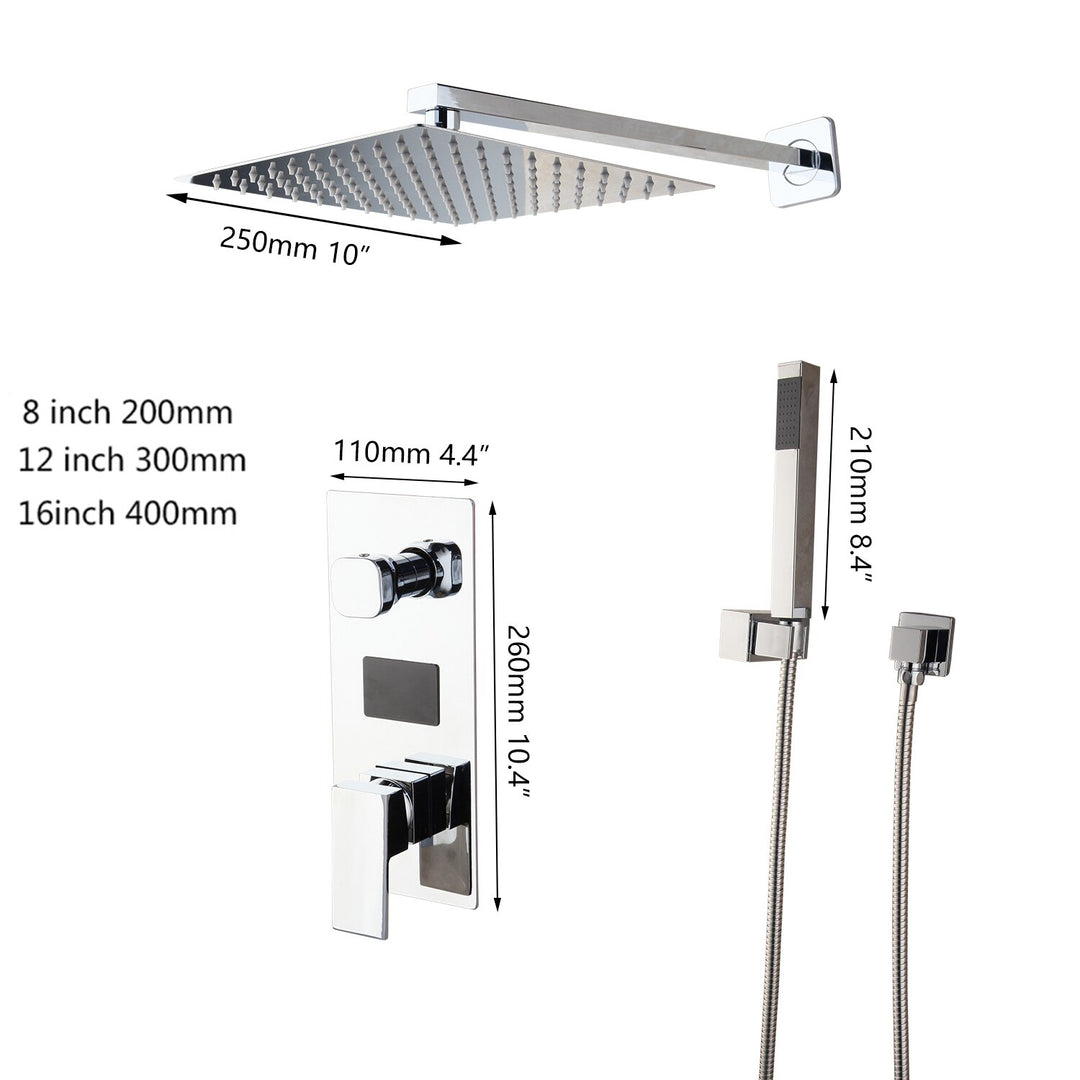 Chrome CSA Square 12 Inch Rain Thermostic LCD Temperature Control Display 2 way diverter function shower kit