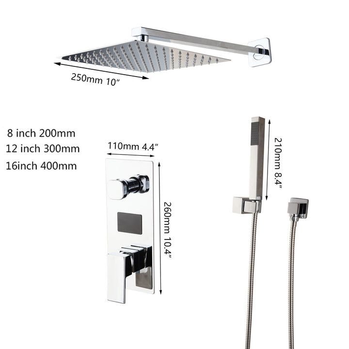 Chrome CSA Square 12 Inch Rain Thermostic LCD Temperature Control Display 2 way diverter function shower kit