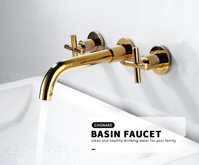 Gold Polished Cross Handle Wallmounted bathroom faucet