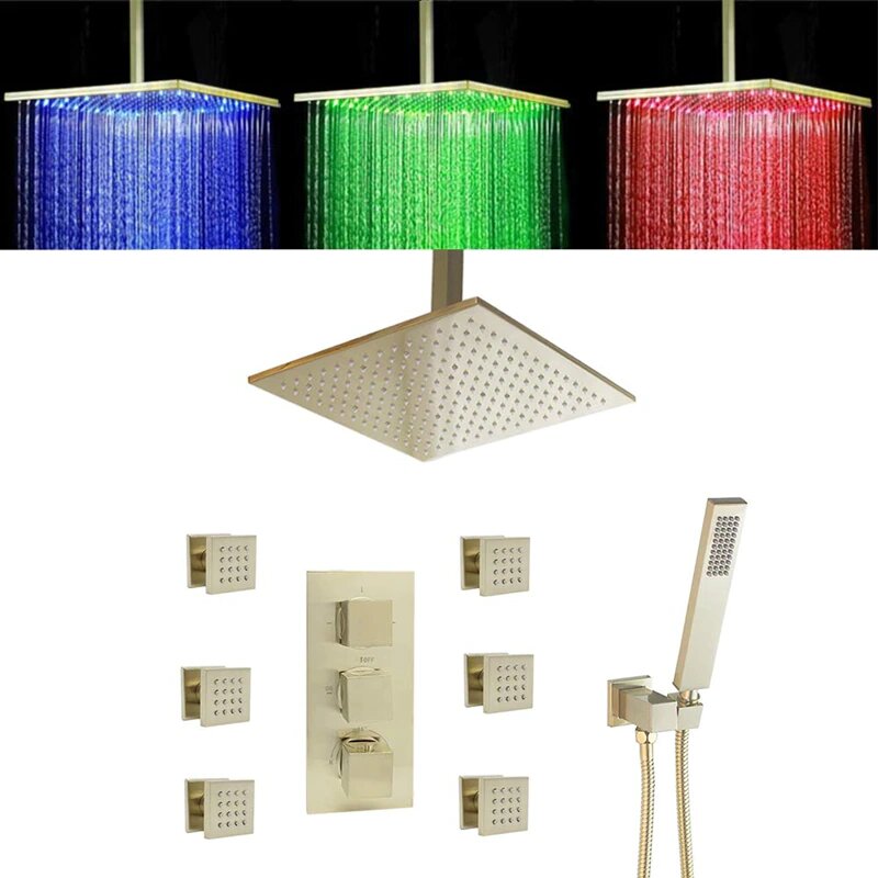 Brushed Gold CSA Square LED Rain shower head thermostatic 3 way functi ...