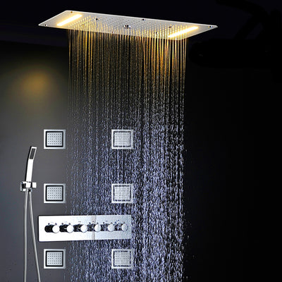 Chrome 23"x15" Ceiling Flushmount Rain Head Mist,Rain,Waterfall mode with LED Chromatherapy lights completed shower system spa kit