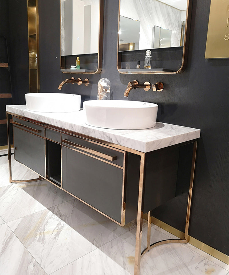 Bulgari 2-Grey Gloss with Rose Gold Polished Trim with Bianco Marble Top Single Bowl Freestanding Bathroom