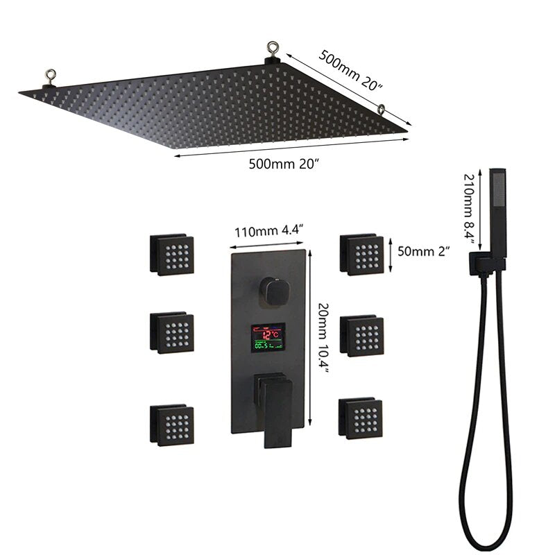 CSA Certified Black - 20" Inch Rain Head - LCD Temperature PB control 3 way function , hand held spray, and 6 body jets sprayers shower kit