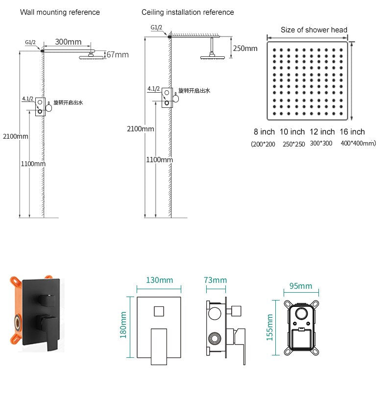 CSA Certified-Black matte-Chrome Square 2 way diverter pressure balance shower kit CUPC