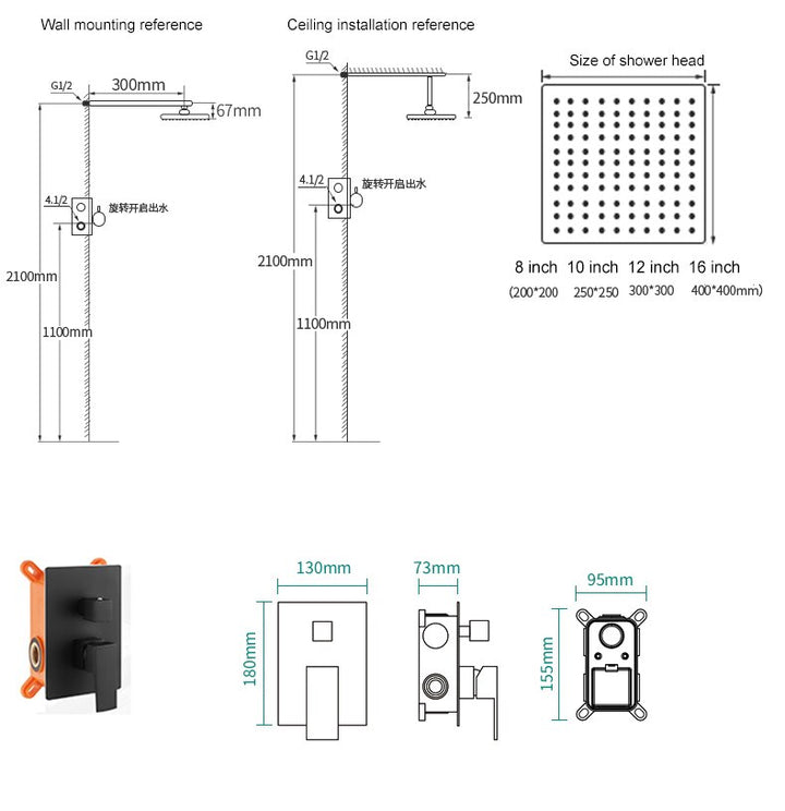 CSA Certified-Black matte-Chrome Square 2 way diverter pressure balance shower kit CUPC