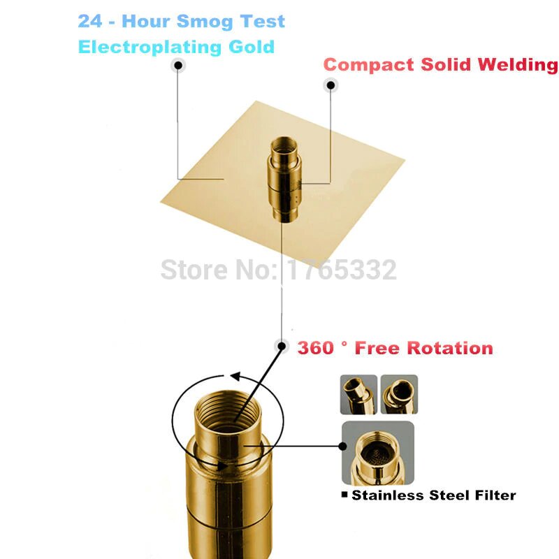 Gold Polished LED Square Rain Head 3 Way Mixer Valve Thermostatic Shower With 6 Body Jet Massage Sprayer Kit