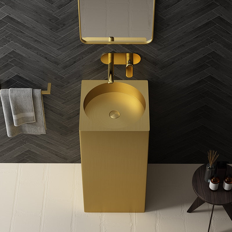 Nordic design Square Brushed Gold - Stainless Steel Floor Standing Pedestal Sink 16"x16"X31.5" H