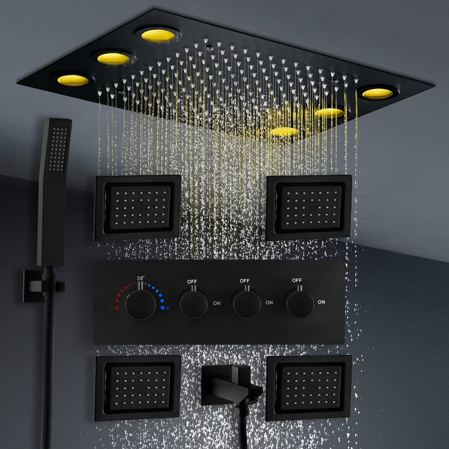 Black 20"x15" Ceiling Flush Mount Rain Head 4 Way function Diverter Th