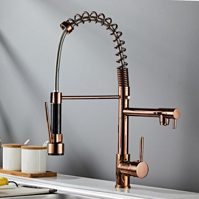 Rose Gold Polished Chef Industrial Dual Pot Filler and Pull Out Spray Kitchen Faucet