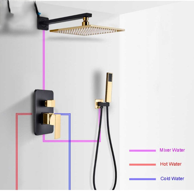 Black with gold polish two tone 2 way function diverter shower kit