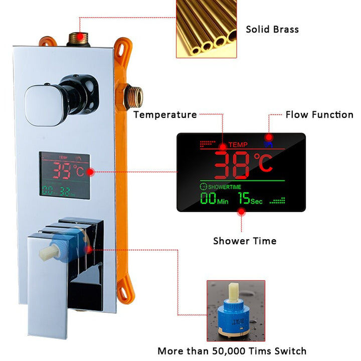 Chrome CSA Square 12 Inch Rain Thermostic LCD Temperature Control Display 2 way diverter function shower kit