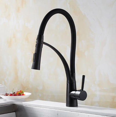 Gold -Black -Chrome Goose neck pull out dual rubber hose spray kitchen faucet