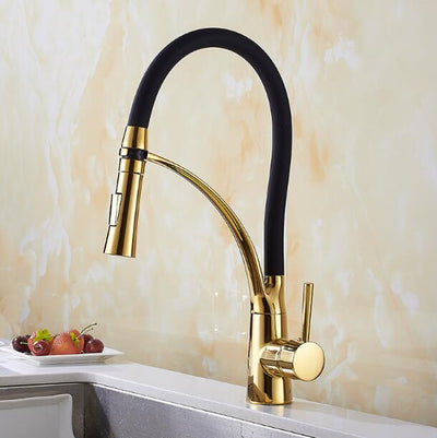 Gold -Black -Chrome Goose neck pull out dual rubber hose spray kitchen faucet