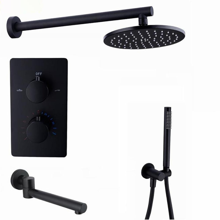 CSA Certified-Black Matte Round 10" Rain Head Thermostatic 3 Way Function Tub Filler Diverter Shower Kit