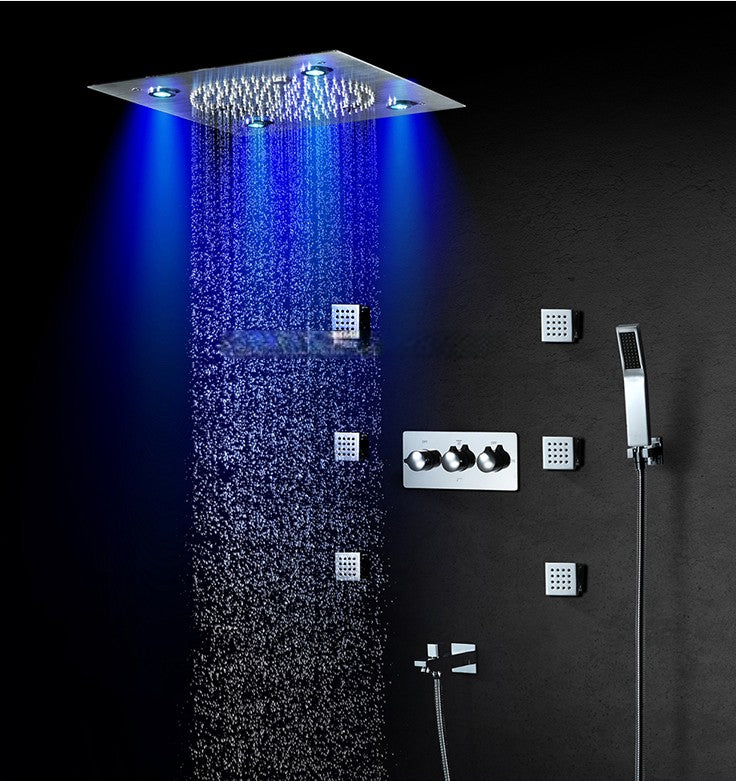 New 12"x12" Ceiling Flushmount LED Rain head and Mist Bluetooth Wifi Music 4 way function valve ,hand spray and body jet massage completed spa shower system kit