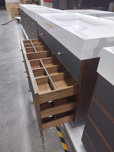Tuscan-Grey with brushed gold trim solid walnut wood modern bathroom vanity