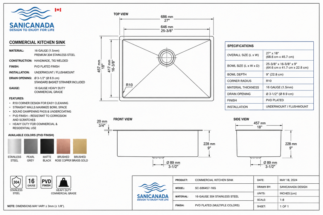 Brushed Brass-16 Gauge Commercial Grade Kitchen Sink Single Bowl 304 Stainless Steel with Nano Coated Technology