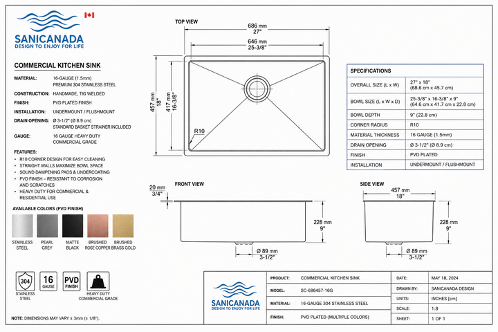 Brushed Brass-16 Gauge Commercial Grade Kitchen Sink Single Bowl 304 Stainless Steel with Nano Coated Technology