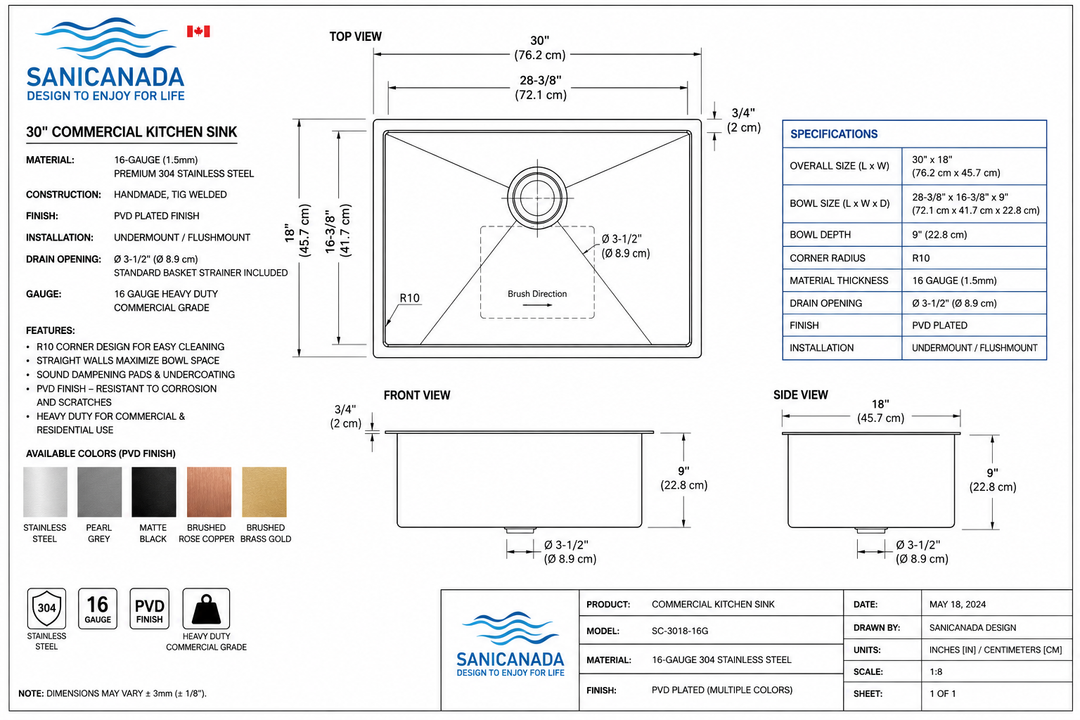 Brushed Brass-16 Gauge Commercial Grade Kitchen Sink Single Bowl 304 Stainless Steel with Nano Coated Technology
