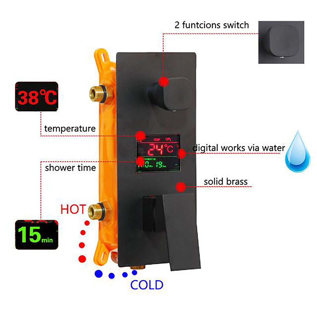 Motorola- Black LED Display Square 12" Rain head 3 Way Function Duverter therostatic Pressure Balance Shower Kit