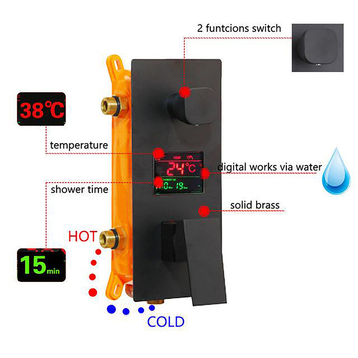 Motorola- Black LED Display Square 12" Rain head 3 Way Function Duverter therostatic Pressure Balance Shower Kit