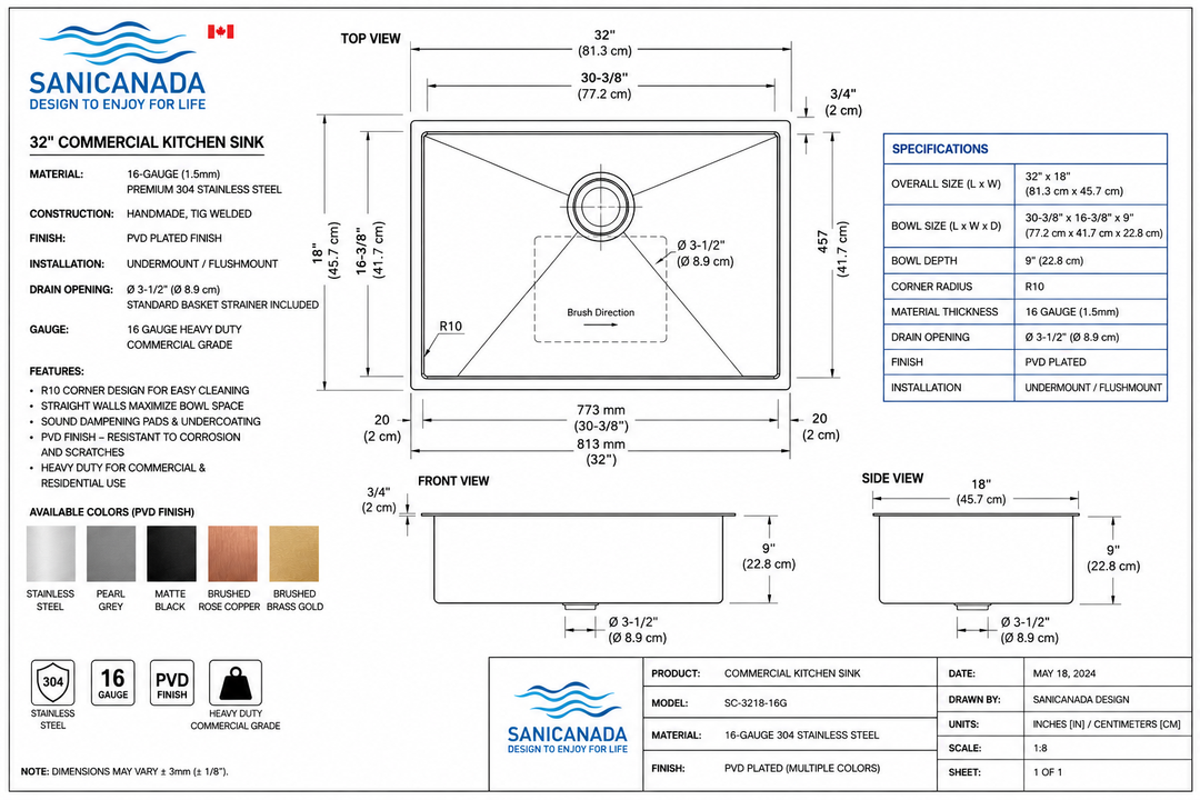 Brushed Brass-16 Gauge Commercial Grade Kitchen Sink Single Bowl 304 Stainless Steel with Nano Coated Technology