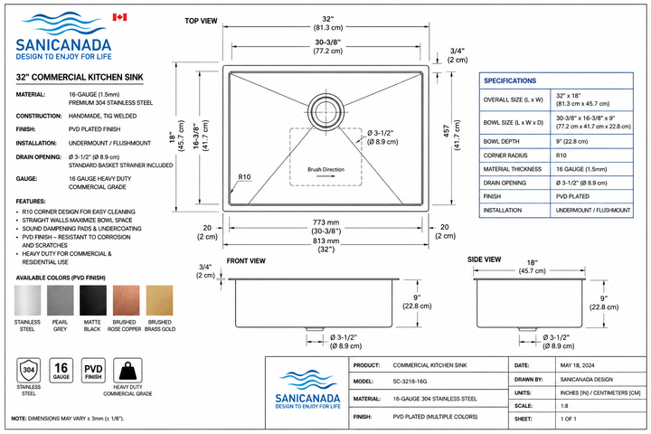 Brushed Brass-16 Gauge Commercial Grade Kitchen Sink Single Bowl 304 Stainless Steel with Nano Coated Technology