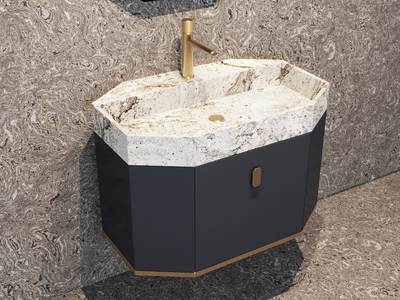 Finland - Grey Gun gloss/ brushed gold steel trim with calcutta natural stone intergrated into 1 sink