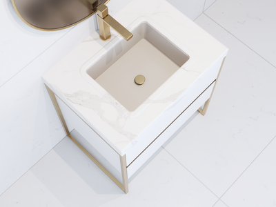BELLA-White Matte freestanding bathroom vanity with brushed gold steel framed trim