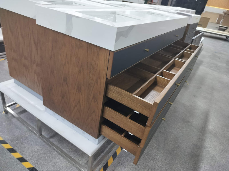 Tuscan-Grey with brushed gold trim solid walnut wood modern bathroom vanity