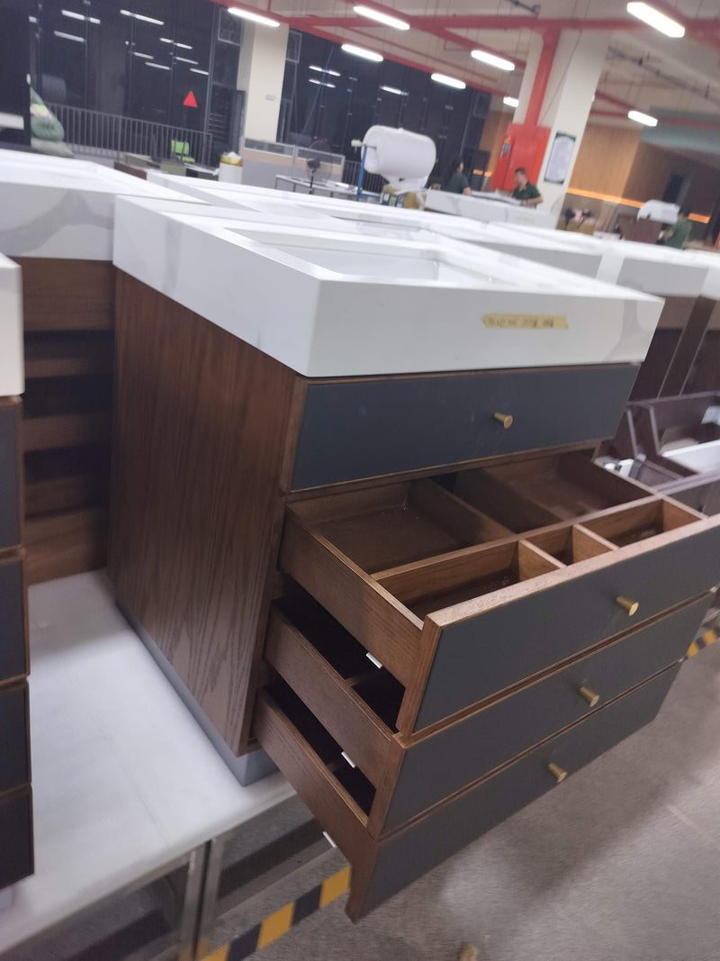 Tuscan-Grey with brushed gold trim solid walnut wood modern bathroom vanity