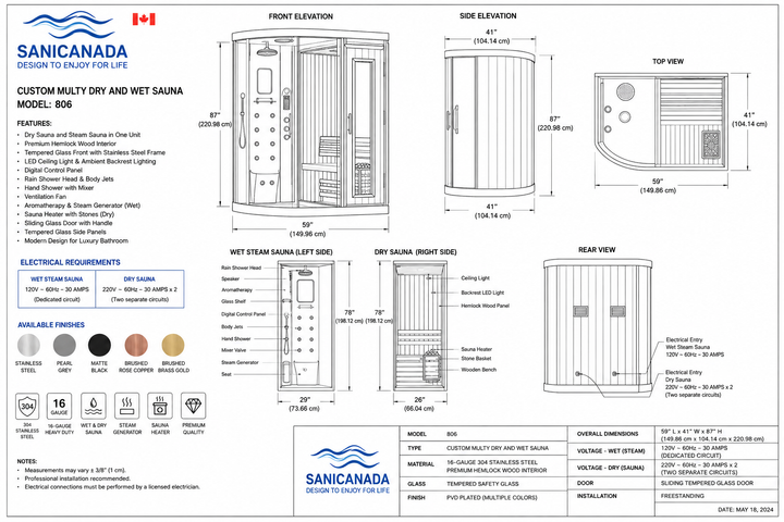 STOCK-Multi Function Cabin Steam Sauna Room System 806B -LEFT HAND DRAIN