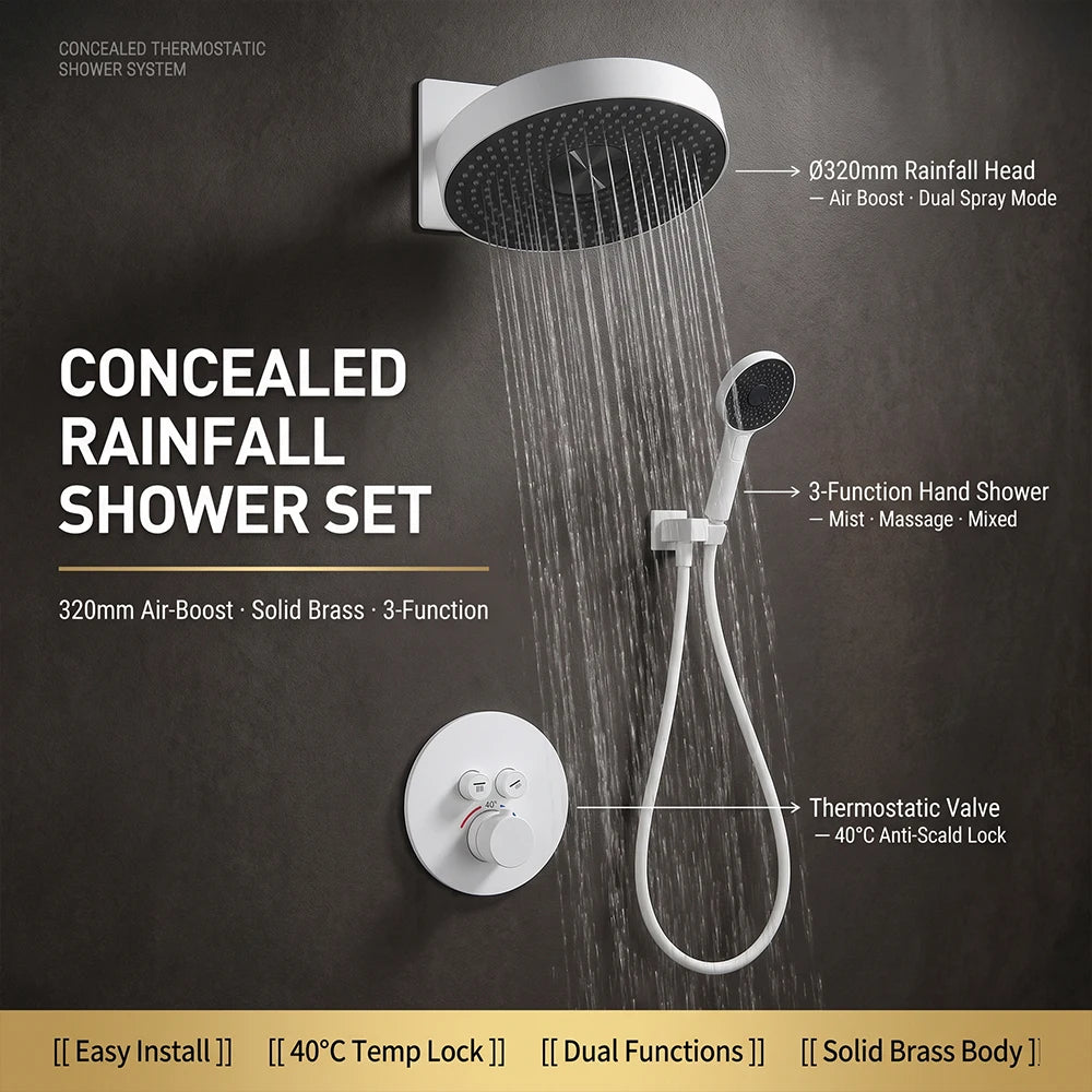 White Round Concealed Thermostatic Shower System 320mm Rainfall Solid Brass Wall Mounted Anti-Scald 3-Function Hand Shower Bathroom Set