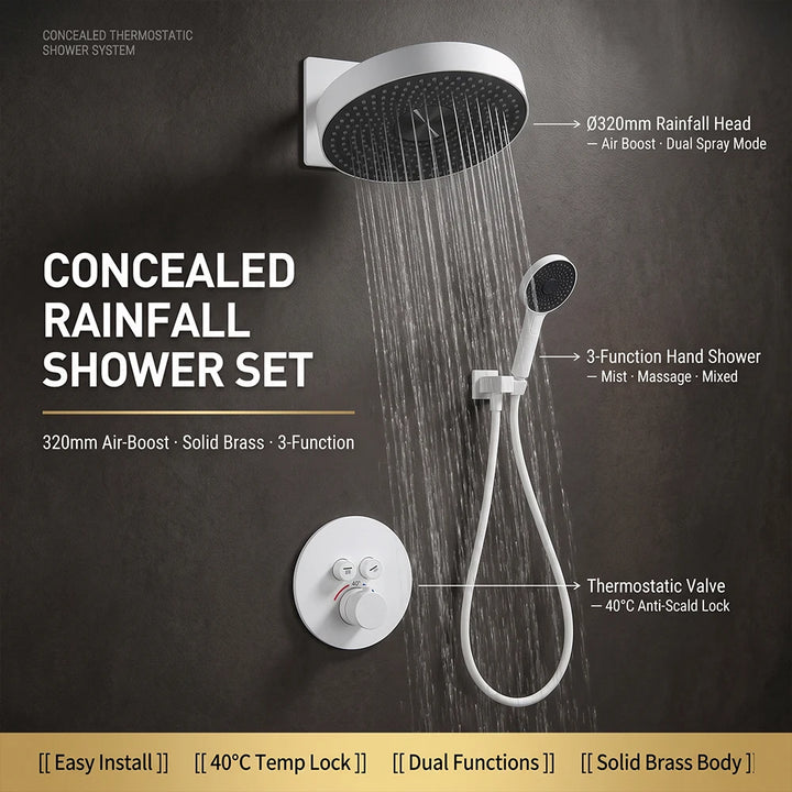 White Round Concealed Thermostatic Shower System 320mm Rainfall Solid Brass Wall Mounted Anti-Scald 3-Function Hand Shower Bathroom Set