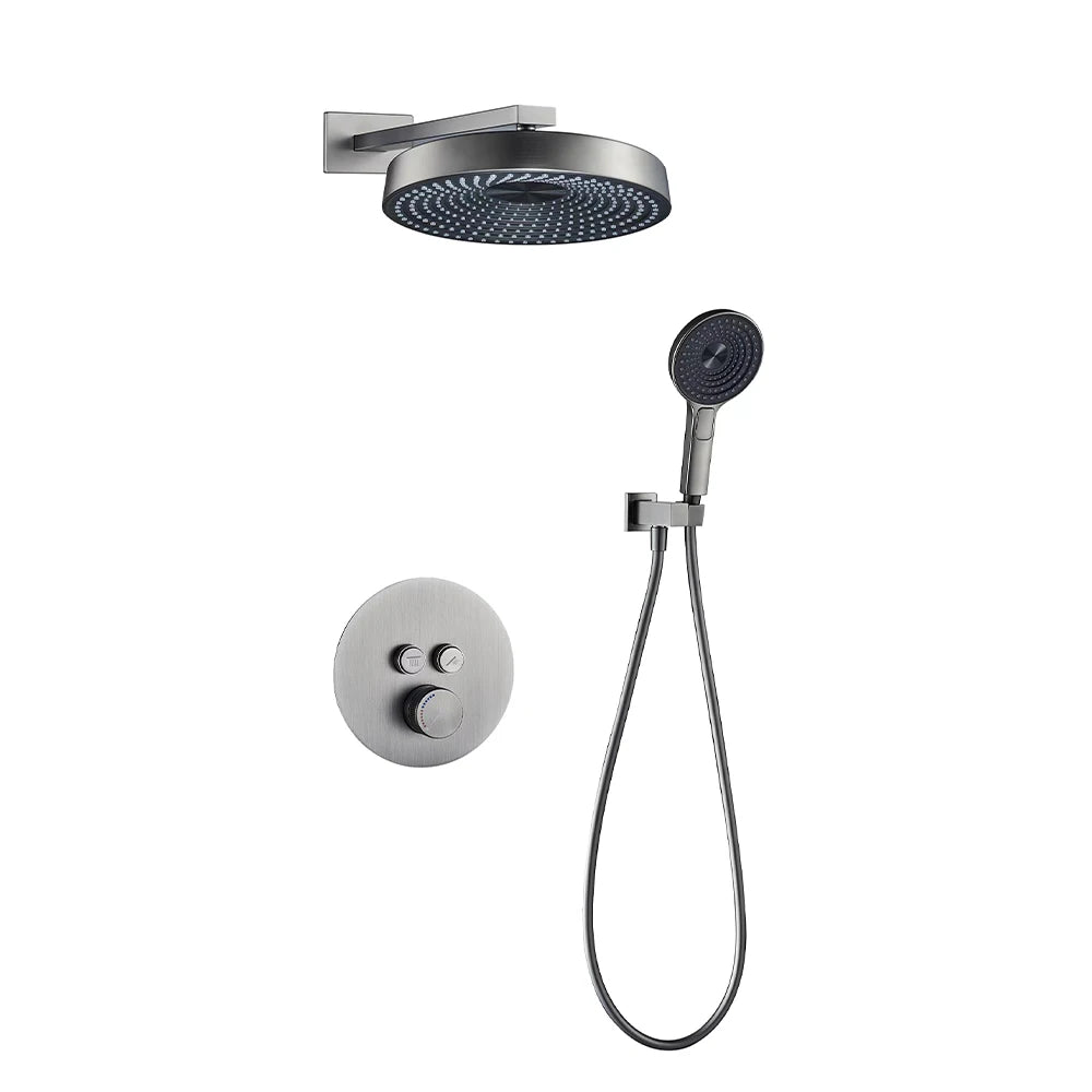 White Round Concealed Thermostatic Shower System 320mm Rainfall Solid Brass Wall Mounted Anti-Scald 3-Function Hand Shower Bathroom Set
