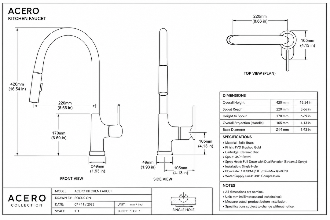 Acero Solid Sleek Modern Dual Pull Spray Kitchen Faucet