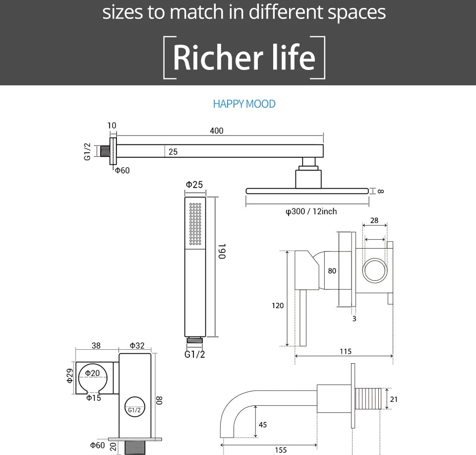 Round 3 way volumen control rain -hand spray and tub spout shower kit