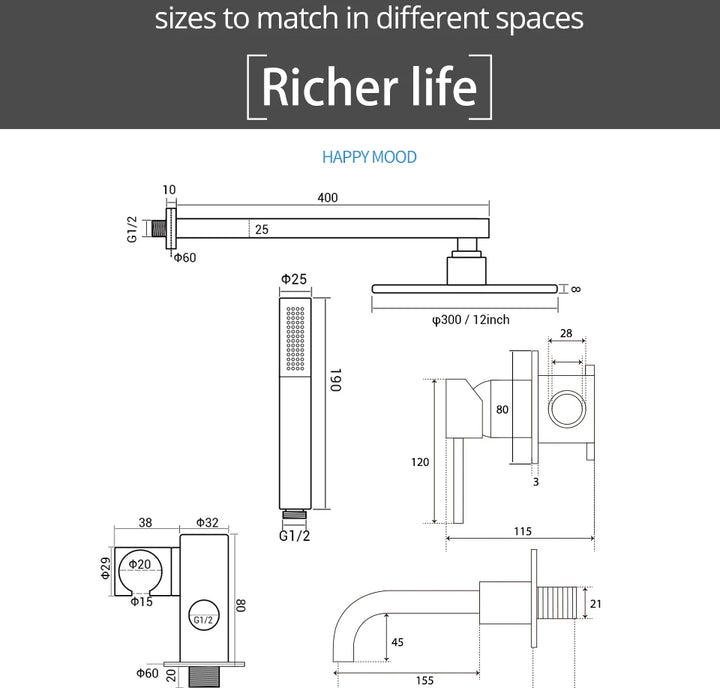 Round 3 way volumen control rain -hand spray and tub spout shower kit